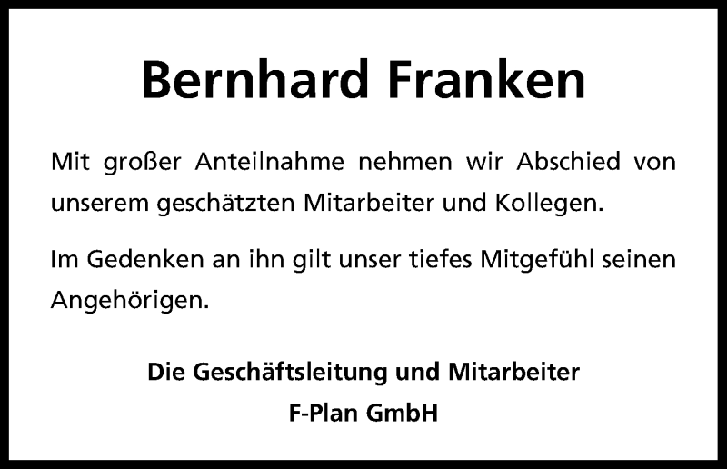  Traueranzeige für Bernhard Franken vom 20.12.2017 aus Kölner Stadt-Anzeiger / Kölnische Rundschau / Express