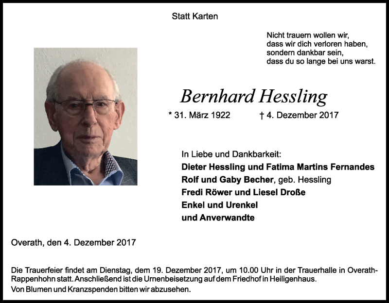  Traueranzeige für Bernhard Hessling vom 09.12.2017 aus Kölner Stadt-Anzeiger / Kölnische Rundschau / Express