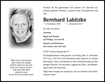 Anzeige von Bernhard Labitzke von Kölner Stadt-Anzeiger / Kölnische Rundschau / Express