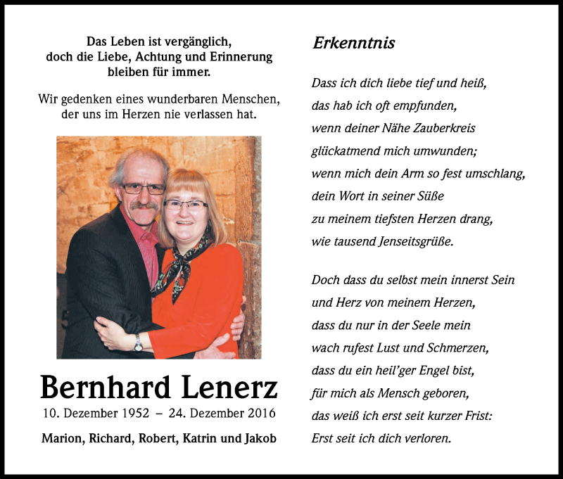  Traueranzeige für Bernhard Lenerz vom 23.12.2017 aus Kölner Stadt-Anzeiger / Kölnische Rundschau / Express