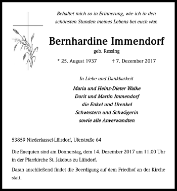 Anzeige von Bernhardine Immendorf von Kölner Stadt-Anzeiger / Kölnische Rundschau / Express