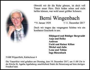 Anzeige von Berni Wingenbach von Kölner Stadt-Anzeiger / Kölnische Rundschau / Express