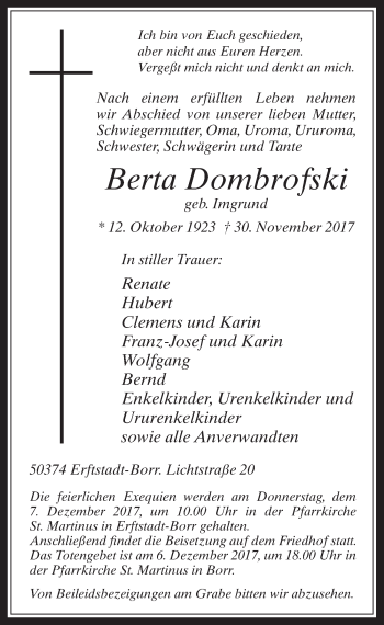 Anzeige von Berta Dombrofski von  Werbepost 