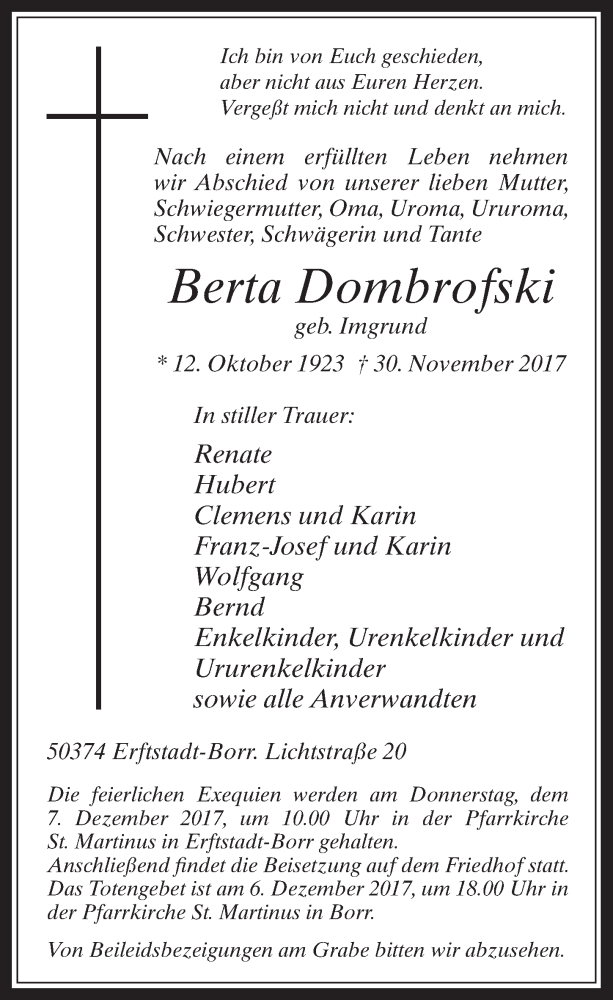  Traueranzeige für Berta Dombrofski vom 06.12.2017 aus  Werbepost 