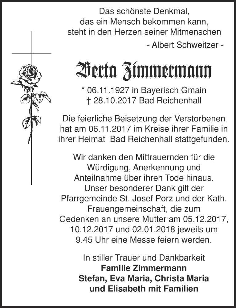  Traueranzeige für Berta Zimmermann vom 06.12.2017 aus  Kölner Wochenspiegel 