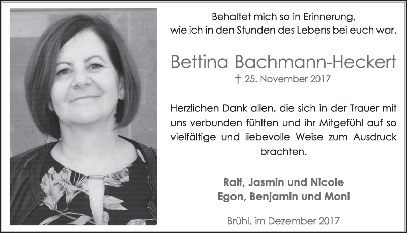  Traueranzeige für Bettina Bachmann-Heckert vom 20.12.2017 aus  Schlossbote/Werbekurier 