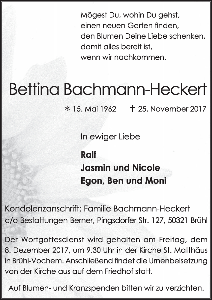  Traueranzeige für Bettina Bachmann-Heckert vom 06.12.2017 aus  Schlossbote/Werbekurier 