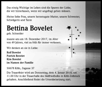 Anzeige von Bettina Bovelet von Kölner Stadt-Anzeiger / Kölnische Rundschau / Express