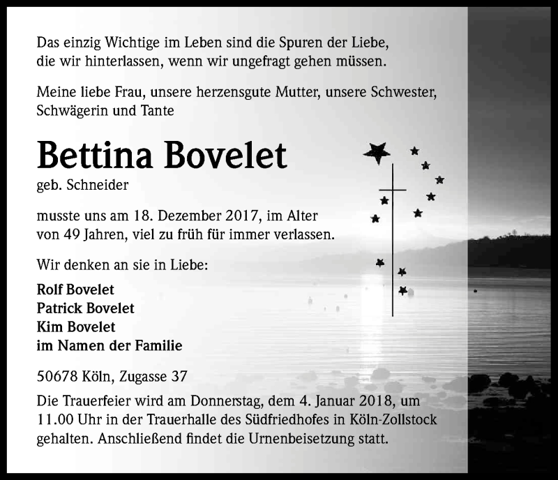 Traueranzeige für Bettina Bovelet vom 23.12.2017 aus Kölner Stadt-Anzeiger / Kölnische Rundschau / Express