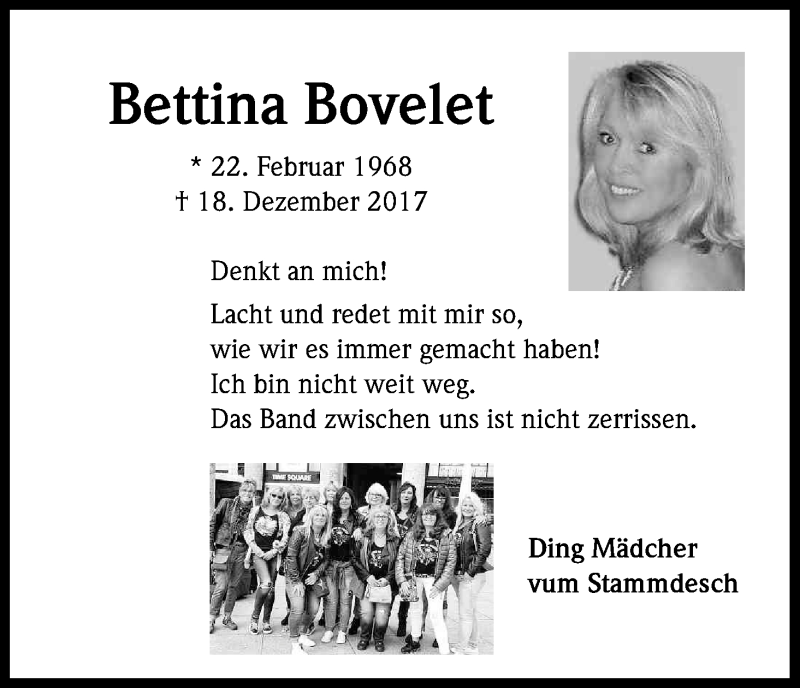  Traueranzeige für Bettina Bovelet vom 30.12.2017 aus Kölner Stadt-Anzeiger / Kölnische Rundschau / Express
