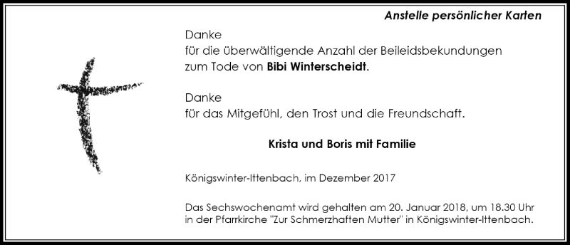  Traueranzeige für Bibi Winterscheidt vom 30.12.2017 aus  Rhein-Sieg-Wochenende 