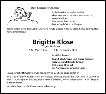 Anzeige von Brigitte Klose von Kölner Stadt-Anzeiger / Kölnische Rundschau / Express