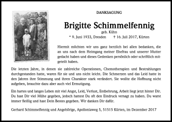 Anzeige von Brigitte Schimmelfennig von Kölner Stadt-Anzeiger / Kölnische Rundschau / Express
