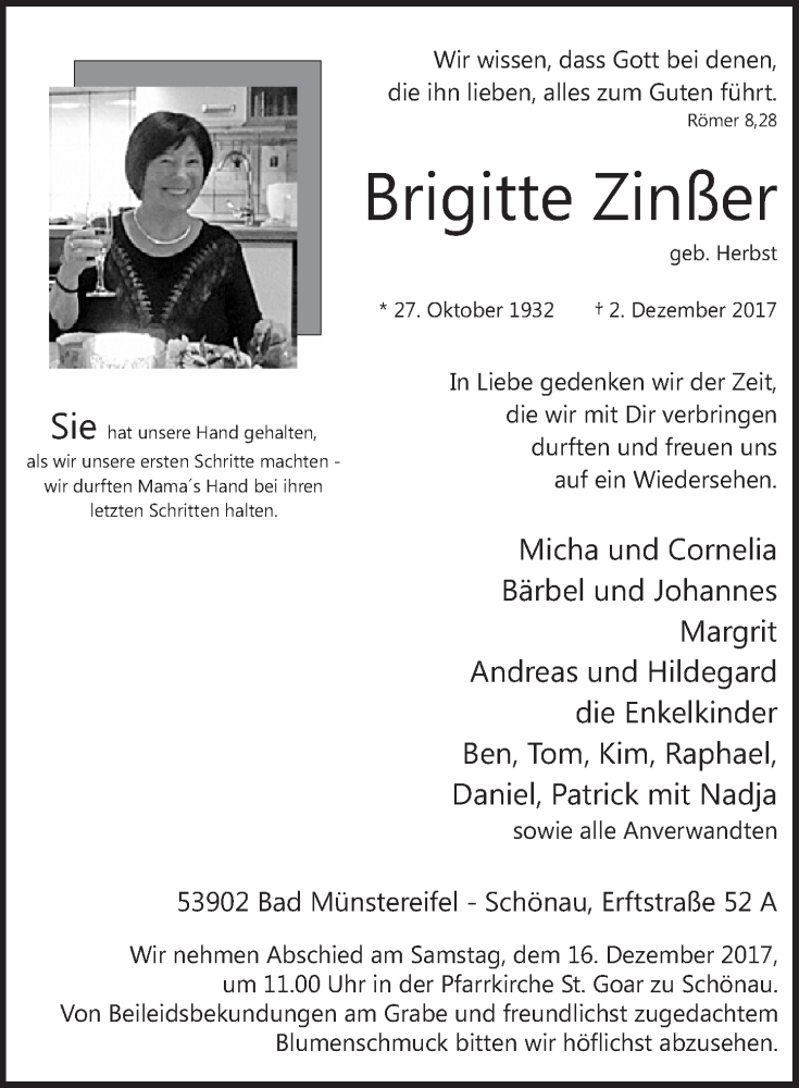  Traueranzeige für Brigitte Zinßer vom 09.12.2017 aus  Blickpunkt Euskirchen 