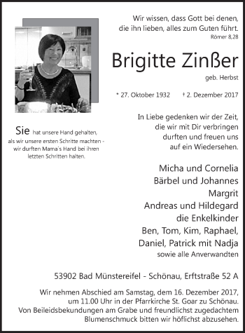 Anzeige von Brigitte Zinßer von  Blickpunkt Euskirchen 