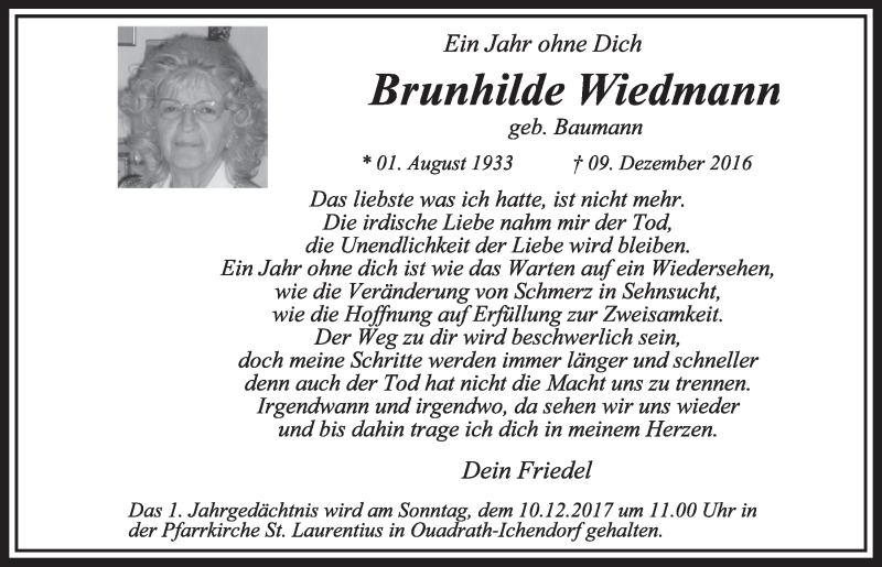  Traueranzeige für Brunhilde Wiedmann vom 02.12.2017 aus  Sonntags-Post 