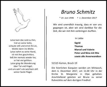 Anzeige von Bruno Schmitz von Kölner Stadt-Anzeiger / Kölnische Rundschau / Express