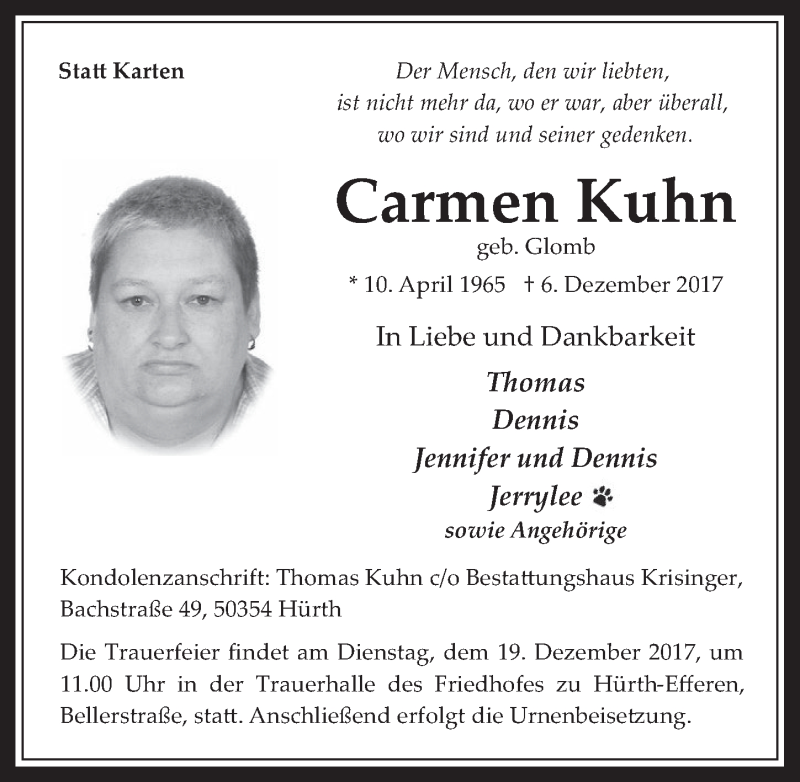  Traueranzeige für Carmen Kuhn vom 13.12.2017 aus  Wochenende 