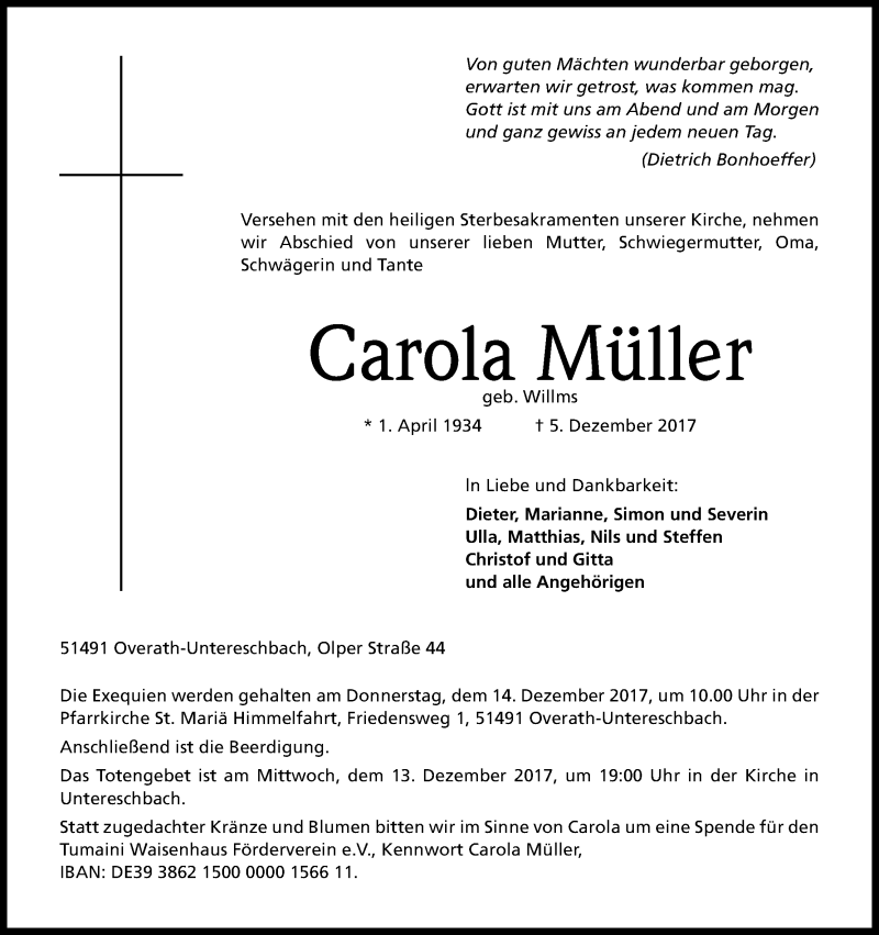  Traueranzeige für Carola Müller vom 09.12.2017 aus Kölner Stadt-Anzeiger / Kölnische Rundschau / Express