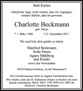 Anzeige von Charlotte Beckmann von  Sonntags-Post 