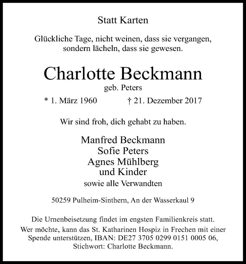  Traueranzeige für Charlotte Beckmann vom 30.12.2017 aus Kölner Stadt-Anzeiger / Kölnische Rundschau / Express