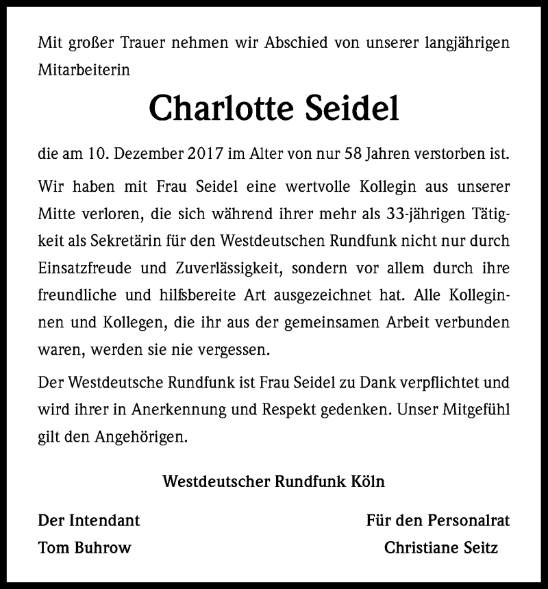  Traueranzeige für Charlotte Seidel vom 21.12.2017 aus Kölner Stadt-Anzeiger / Kölnische Rundschau / Express