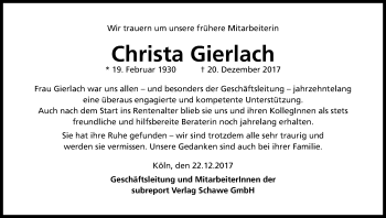 Anzeige von Christa Gierlach von Kölner Stadt-Anzeiger / Kölnische Rundschau / Express