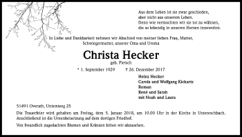 Anzeige von Christa Hecker von Kölner Stadt-Anzeiger / Kölnische Rundschau / Express
