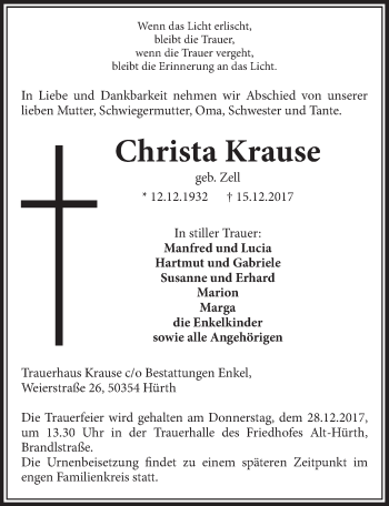 Anzeige von Christa Krause von  Sonntags-Post 