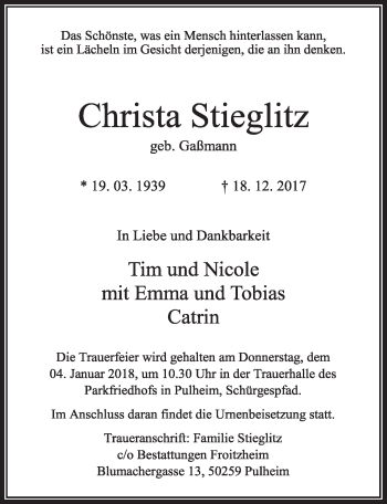 Anzeige von Christa Stieglitz von  Sonntags-Post 
