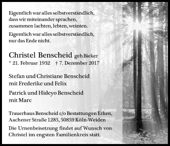 Anzeige von Christel Benscheid von Kölner Stadt-Anzeiger / Kölnische Rundschau / Express