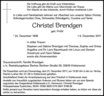 Anzeige von Christel Brendgen von Kölner Stadt-Anzeiger / Kölnische Rundschau / Express