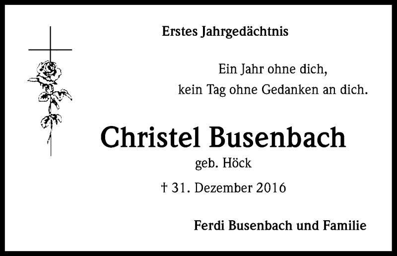  Traueranzeige für Christel Busenbach vom 30.12.2017 aus Kölner Stadt-Anzeiger / Kölnische Rundschau / Express