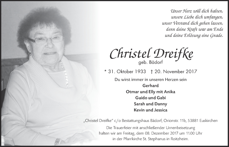  Traueranzeige für Christel Dreifke vom 02.12.2017 aus  Blickpunkt Euskirchen 