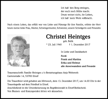 Anzeige von Christel Heintges von Kölner Stadt-Anzeiger / Kölnische Rundschau / Express