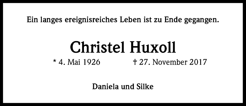  Traueranzeige für Christel Huxoll vom 02.12.2017 aus Kölner Stadt-Anzeiger / Kölnische Rundschau / Express