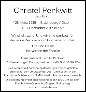 Anzeige von Christel Penkwitt von Kölner Stadt-Anzeiger / Kölnische Rundschau / Express