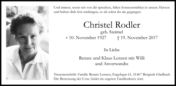 Anzeige von Christel Rodler von Kölner Stadt-Anzeiger / Kölnische Rundschau / Express