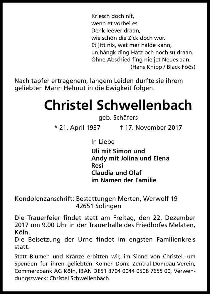  Traueranzeige für Christel Schwellenbach vom 09.12.2017 aus Kölner Stadt-Anzeiger / Kölnische Rundschau / Express