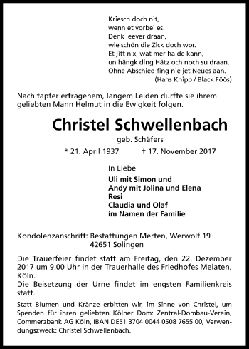 Anzeige von Christel Schwellenbach von Kölner Stadt-Anzeiger / Kölnische Rundschau / Express