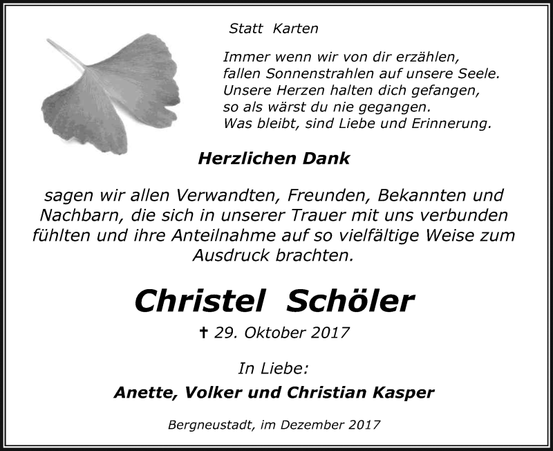  Traueranzeige für Christel Schöler vom 09.12.2017 aus Kölner Stadt-Anzeiger / Kölnische Rundschau / Express