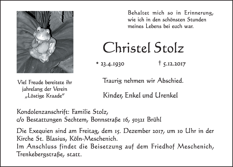  Traueranzeige für Christel Stolz vom 13.12.2017 aus  Kölner Wochenspiegel  Schlossbote/Werbekurier 