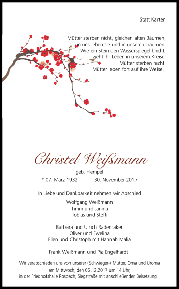 Anzeige von Christel Weißmann von Kölner Stadt-Anzeiger / Kölnische Rundschau / Express
