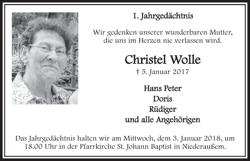 Traueranzeige für Christel Wolle vom 30.12.2017 aus  Sonntags-Post 