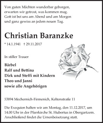 Anzeige von Christian Baranzke von  Blickpunkt Euskirchen 