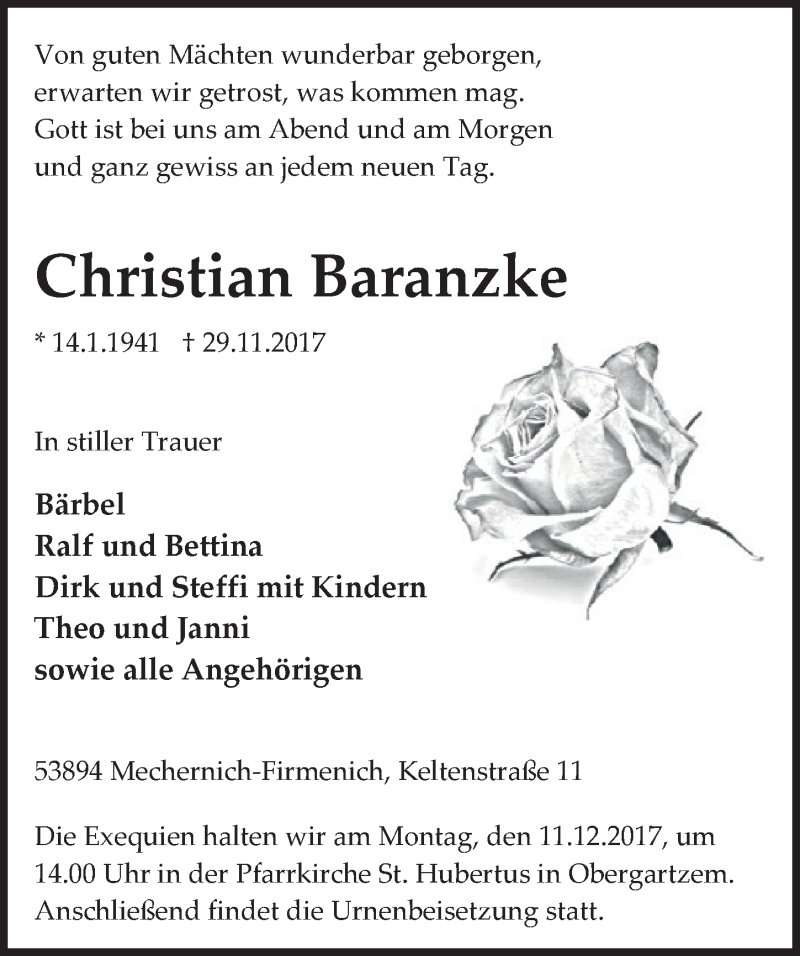 Traueranzeige für Christian Baranzke vom 02.12.2017 aus  Blickpunkt Euskirchen 