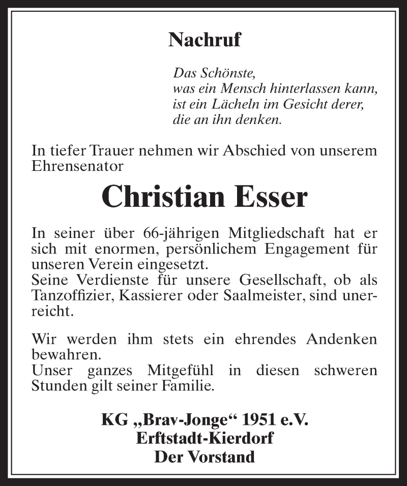  Traueranzeige für Christian Esser vom 13.12.2017 aus  Werbepost 