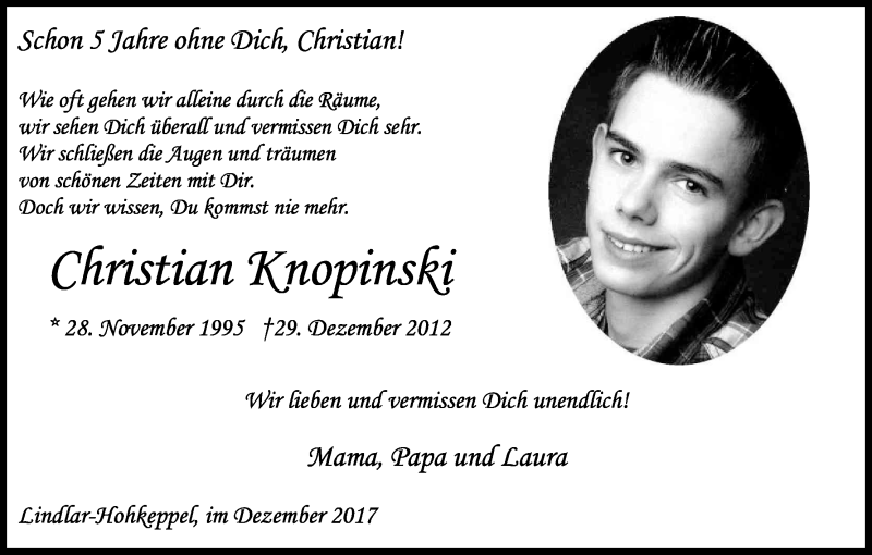  Traueranzeige für Christian Knopinski vom 30.12.2017 aus Kölner Stadt-Anzeiger / Kölnische Rundschau / Express