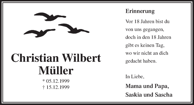  Traueranzeige für Christian Wilbert Müller vom 20.12.2017 aus  Bergisches Handelsblatt 