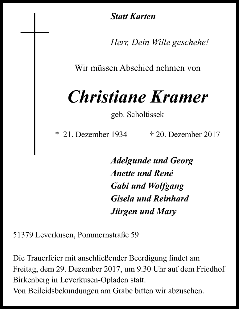  Traueranzeige für Christiane Kramer vom 23.12.2017 aus Kölner Stadt-Anzeiger / Kölnische Rundschau / Express